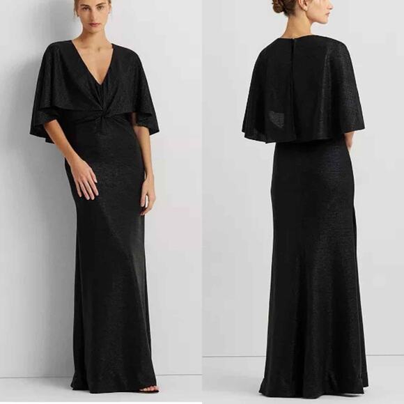 Lauren Ralph Lauren Twist-Front Cape-Overlay Gown Black Size US 6 - Picture 8 of 14